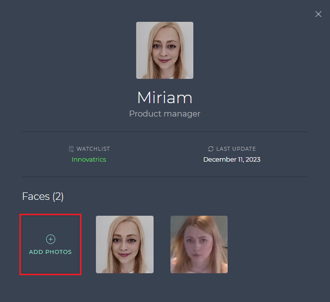 Member profile with the ADD PHOTOS tile and two face images