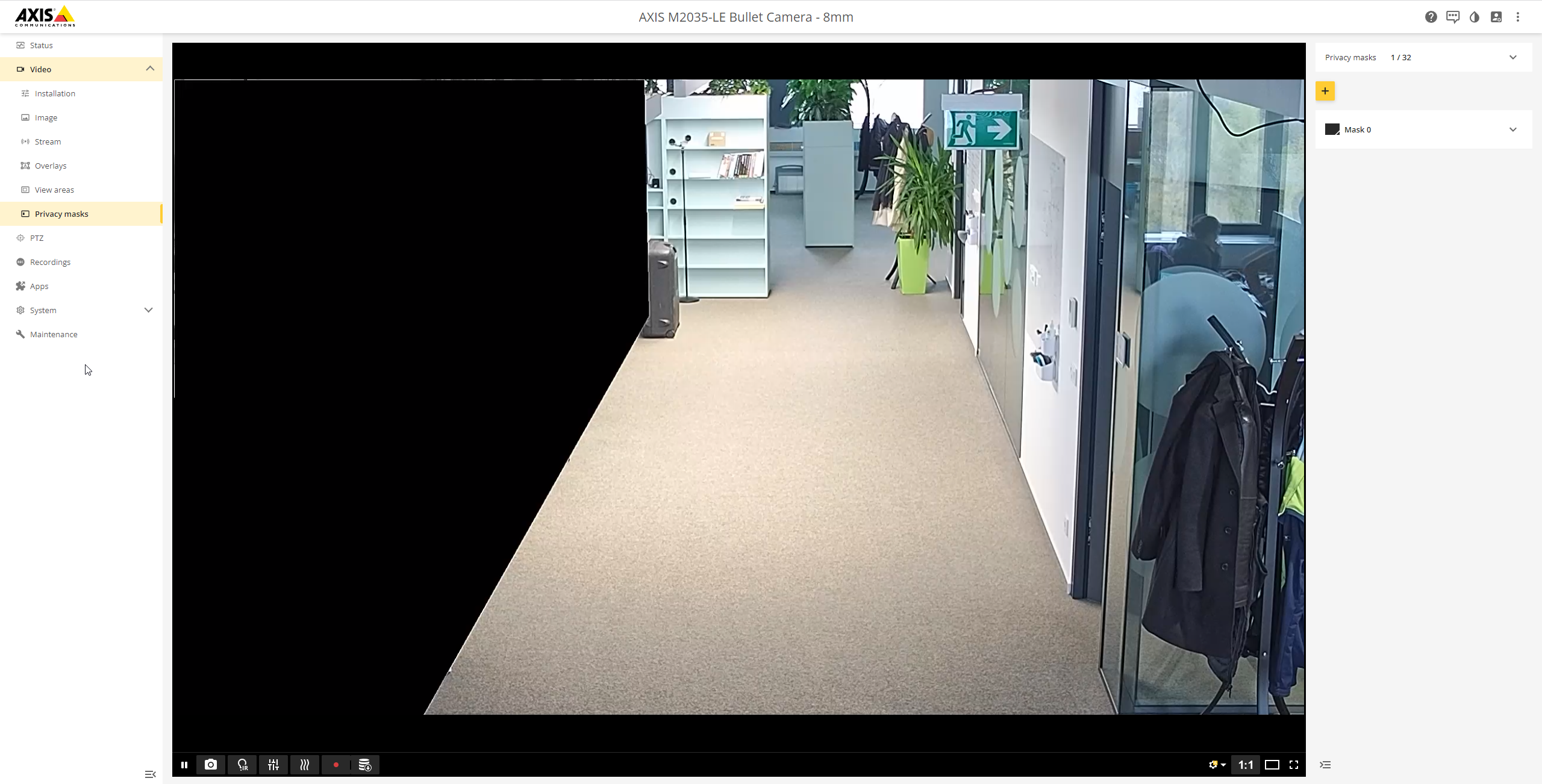 Privacy mask editor in a camera's web interface with a rectangular mask drawn over part of the scene