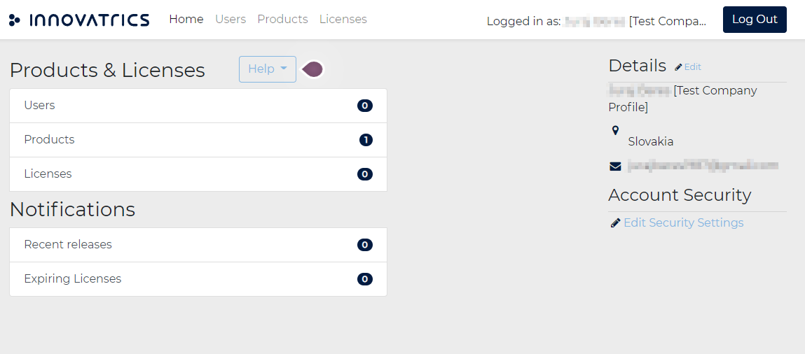 Customer Portal home page with the Products and Licenses sections