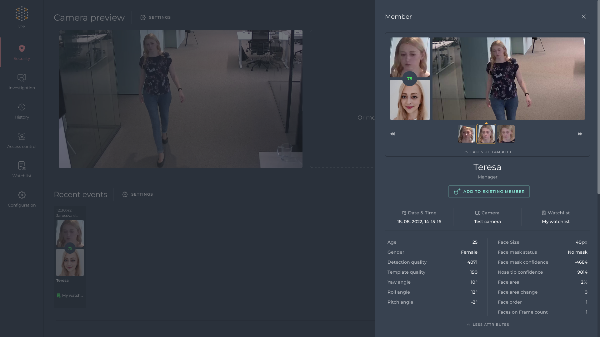 Security page showing a match card and its detail panel with member attributes