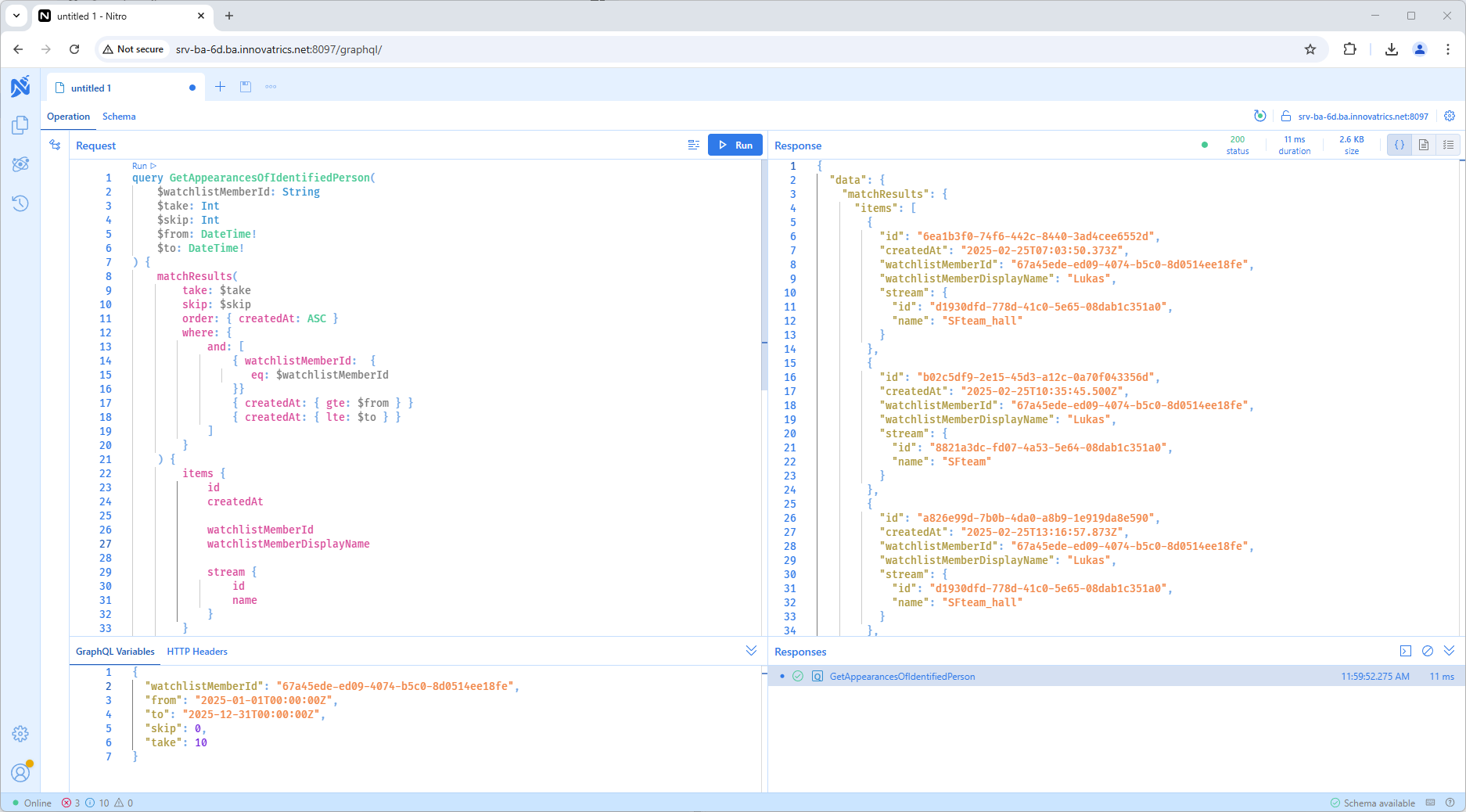 The built-in GraphQL IDE with a matchResults query on the left and its JSON response on the right