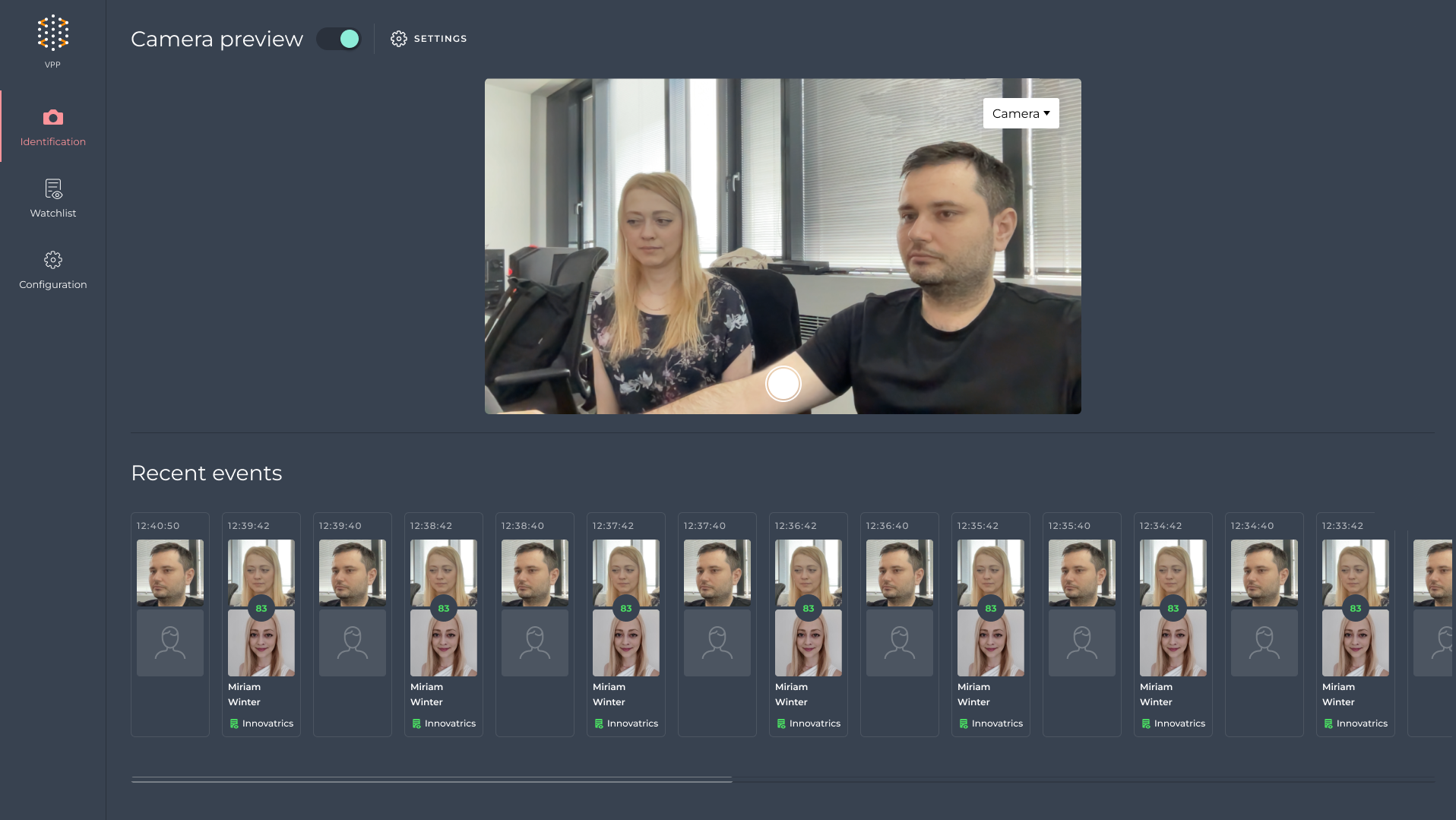 Identification page with the device camera preview on