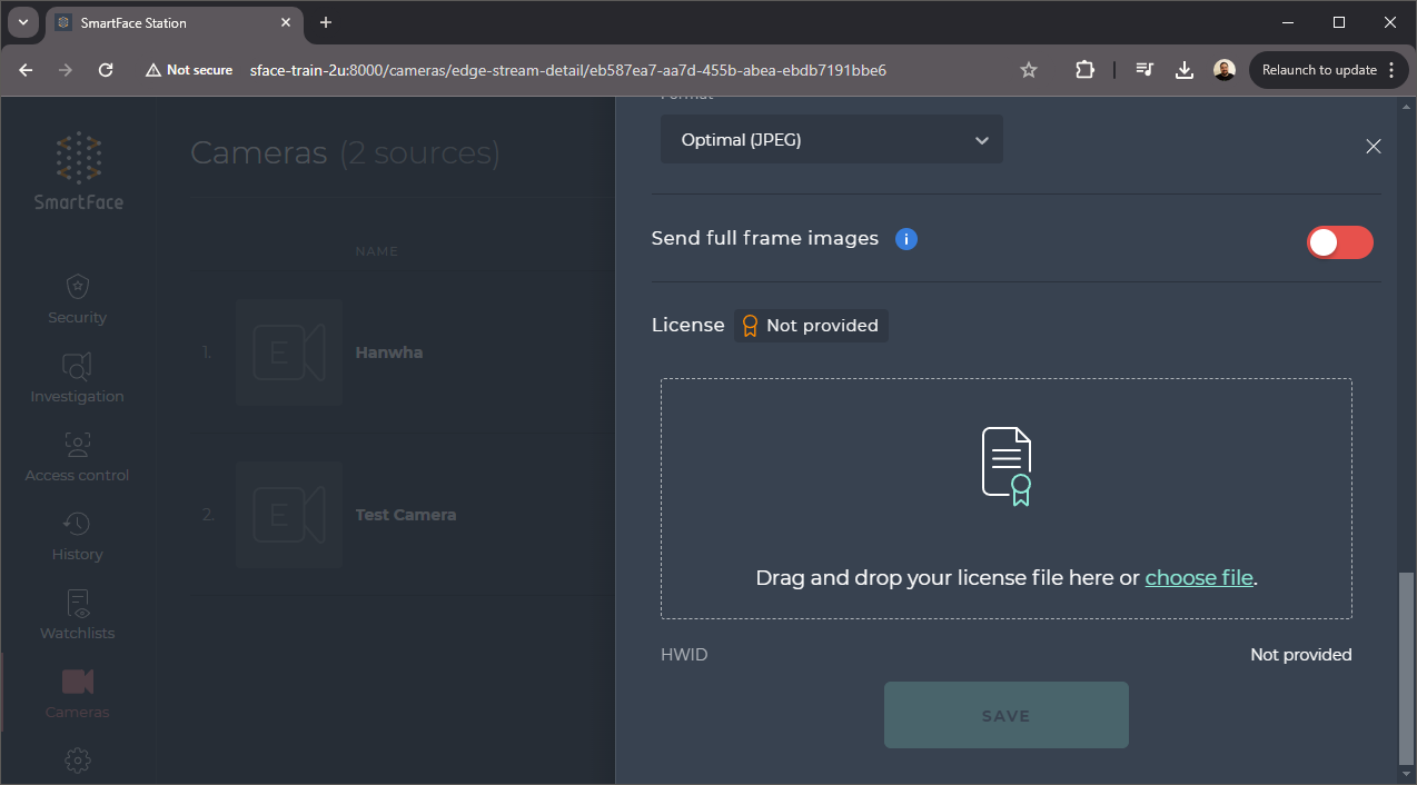 Edge stream detail in Station with the license upload area and the reported hardware ID