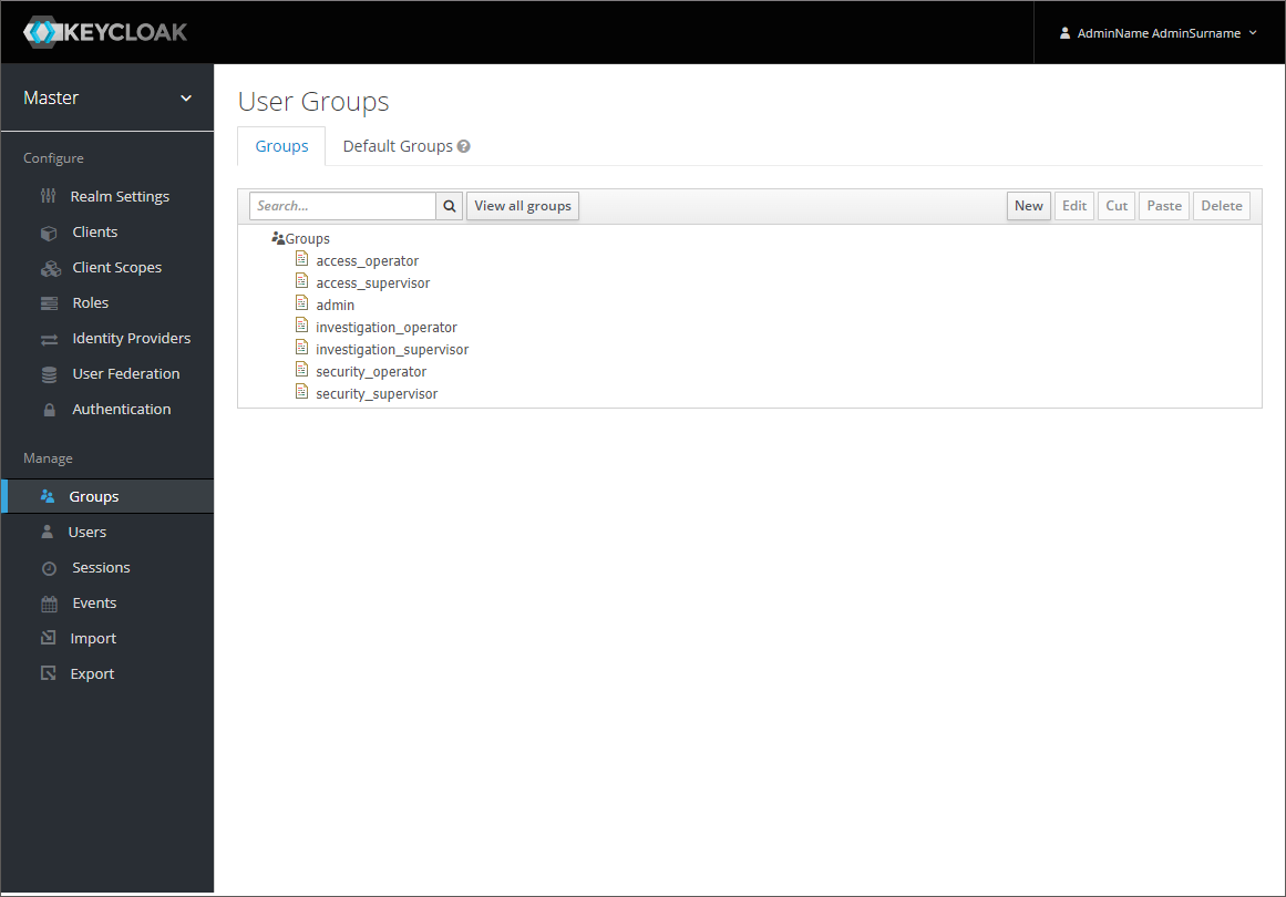 Keycloak Manage Groups screen listing the groups mapped to Station roles