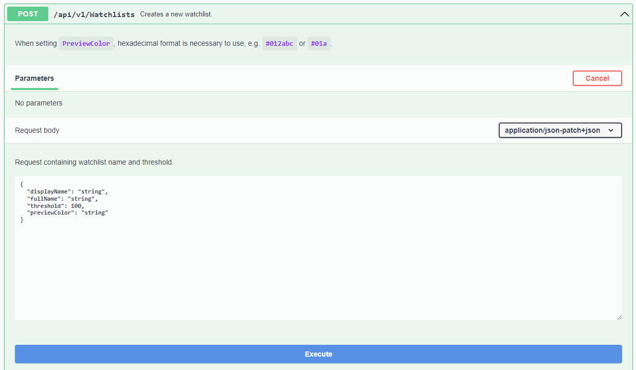 Swagger UI with a request prepared and the Execute button