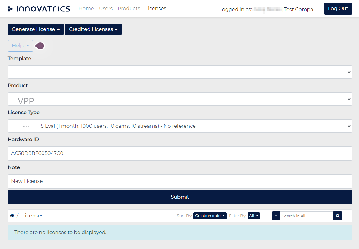 Generate License form with product, license type and hardware ID fields